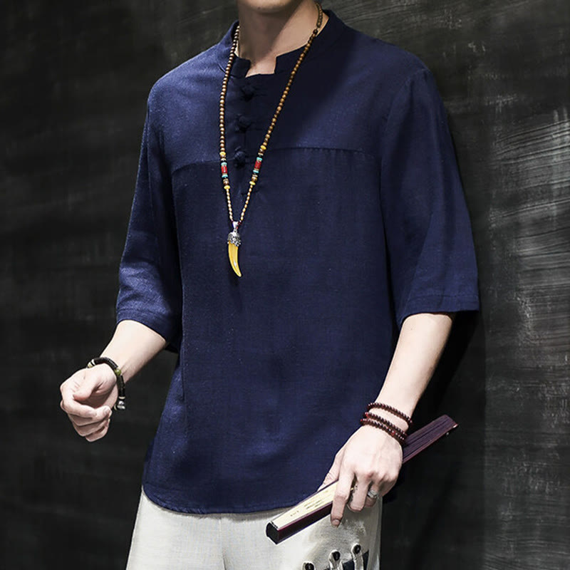 Camiseta de lino y algodón de media manga para hombre, estilo casual vintage con diseño de rana china y Buddha Stones - image 23