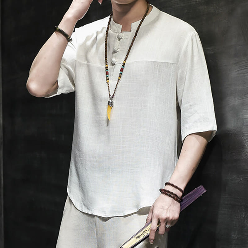 Camiseta de lino y algodón de media manga para hombre, estilo casual vintage con diseño de rana china y Buddha Stones - image 11