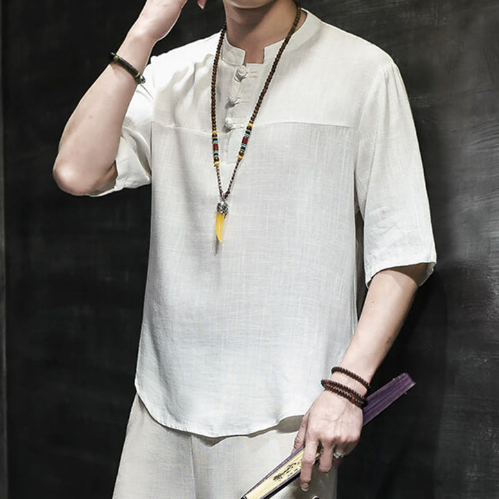 Camiseta de lino y algodón de media manga para hombre, estilo casual vintage con diseño de rana china y Buddha Stones - image 11