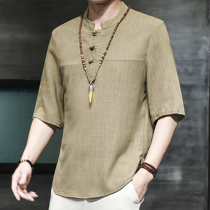 Camiseta de lino y algodón de media manga para hombre, estilo casual vintage con diseño de rana china y Buddha Stones - Caqui oscuro - US/UK/AU46, EU56 (5XL) - image 0