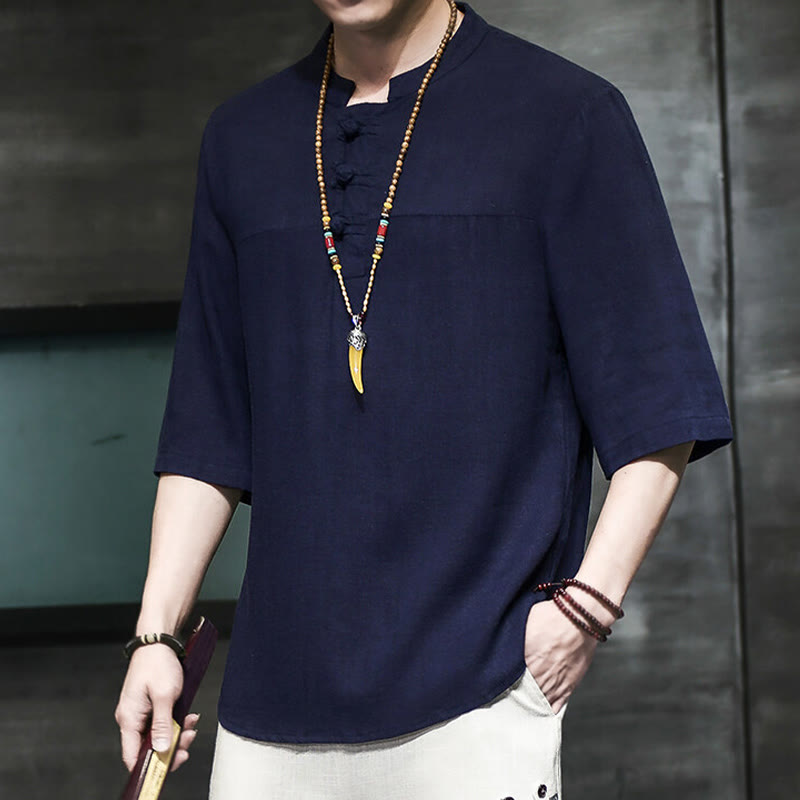 Camiseta de lino y algodón de media manga para hombre, estilo casual vintage con diseño de rana china y Buddha Stones - image 22