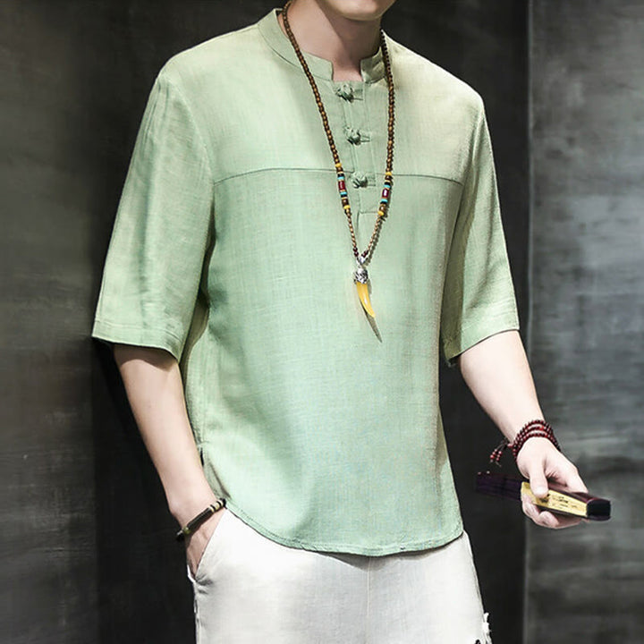 Camiseta de lino y algodón de media manga para hombre, estilo casual vintage con diseño de rana china y Buddha Stones - image 17