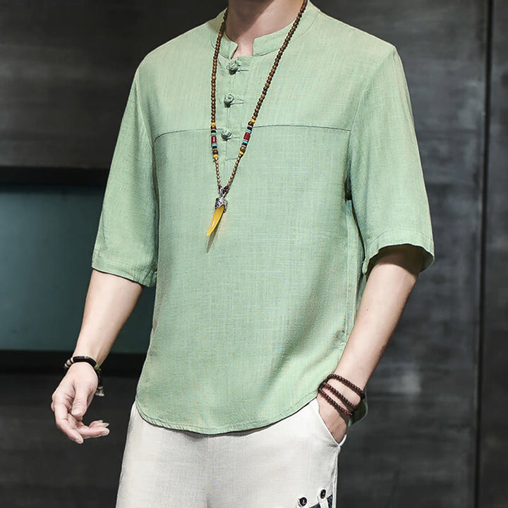 Camiseta de lino y algodón de media manga para hombre, estilo casual vintage con diseño de rana china y Buddha Stones - image 15