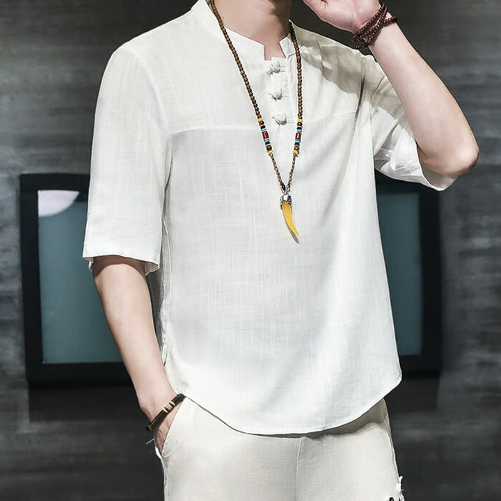 Camiseta de lino y algodón de media manga para hombre, estilo casual vintage con diseño de rana china y Buddha Stones - image 10