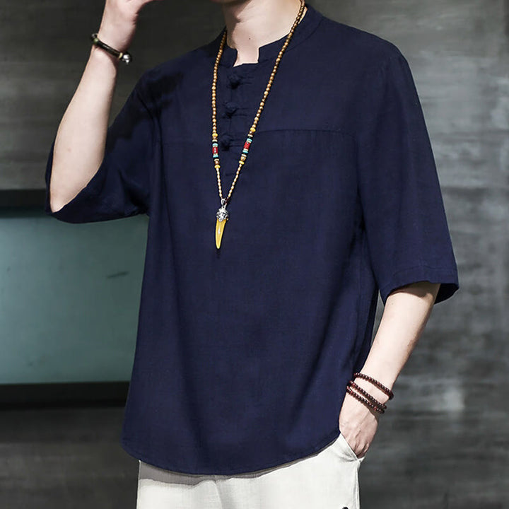 Camiseta de lino y algodón de media manga para hombre, estilo casual vintage con diseño de rana china y Buddha Stones - image 21