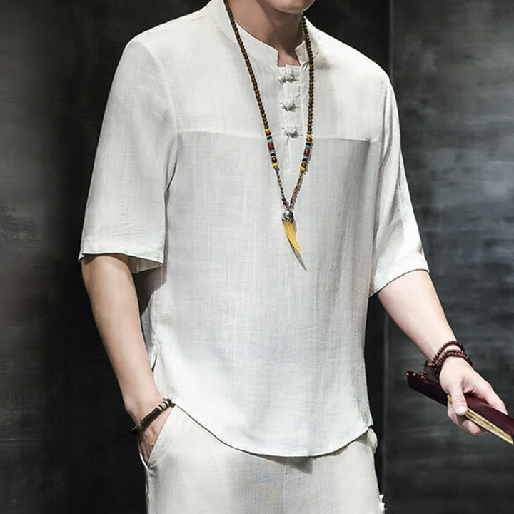 Camiseta de lino y algodón de media manga para hombre, estilo casual vintage con diseño de rana china y Buddha Stones - image 12