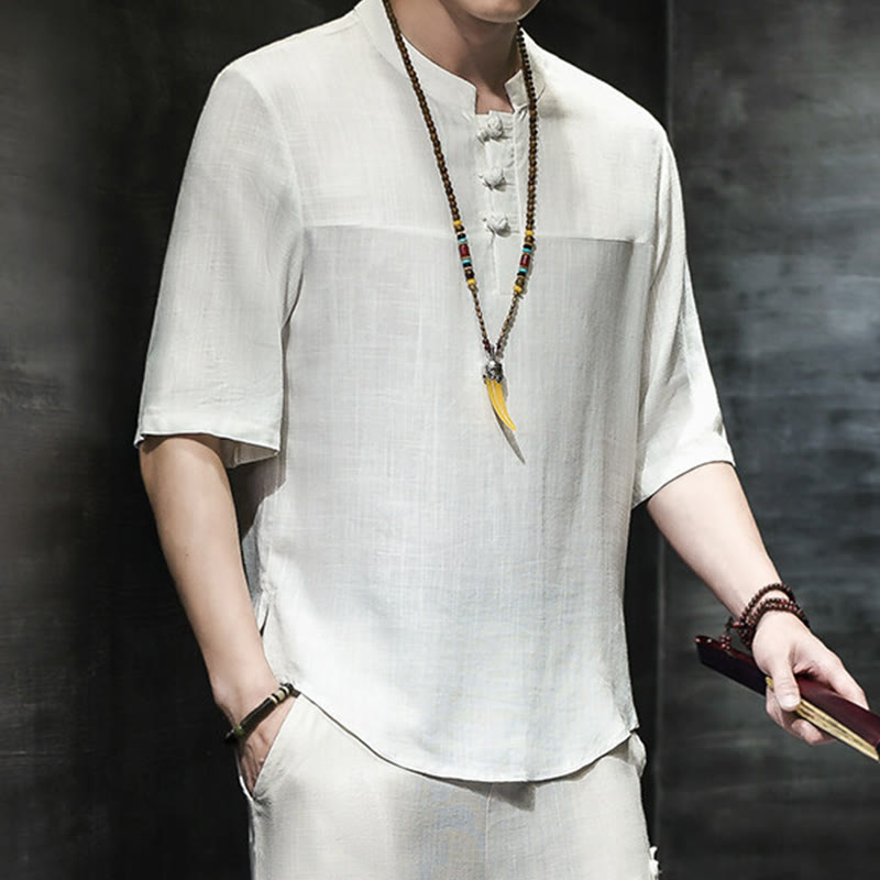 Camiseta de lino y algodón de media manga para hombre, estilo casual vintage con diseño de rana china y Buddha Stones - image 12