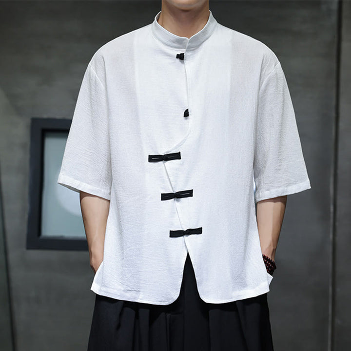 Camisa de lino y algodón para hombre, de manga corta, con cuello alto y botones de rana, estilo chino, con Buddha Stones - image 7