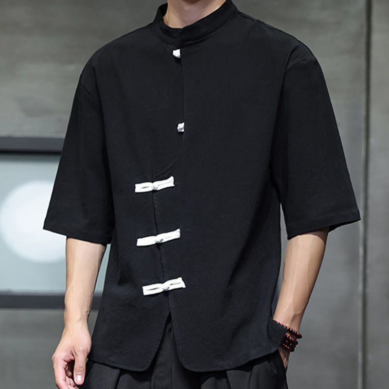 Camisa de lino y algodón para hombre, de manga corta, con cuello alto y botones de rana, estilo chino, con Buddha Stones - image 3