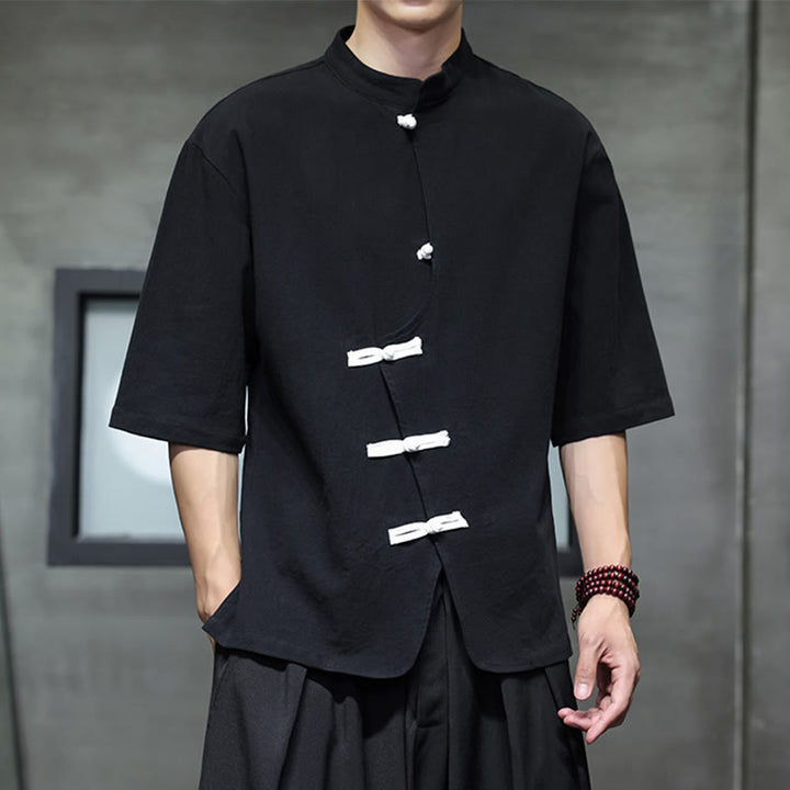 Camisa de lino y algodón para hombre, de manga corta, con cuello alto y botones de rana, estilo chino, con Buddha Stones - image 5