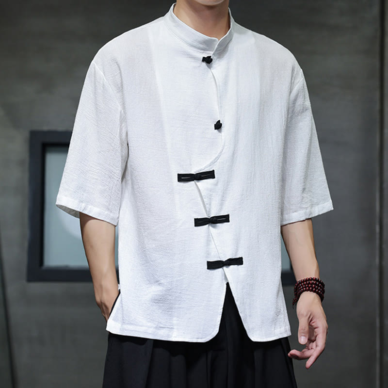 Camisa de lino y algodón para hombre, de manga corta, con cuello alto y botones de rana, estilo chino, con Buddha Stones - Blanco - US/UK/AU46, EU56 (5XL) - image 6