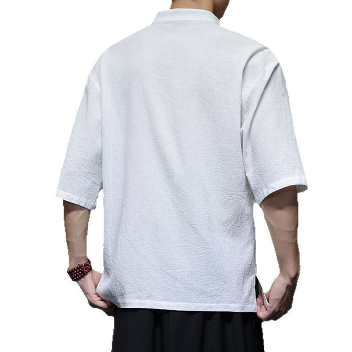 Camisa de lino y algodón para hombre, de manga corta, con cuello alto y botones de rana, estilo chino, con Buddha Stones - image 13