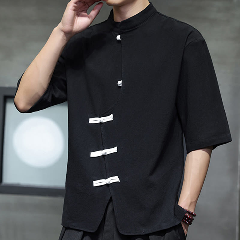 Camisa de lino y algodón para hombre, de manga corta, con cuello alto y botones de rana, estilo chino, con Buddha Stones - image 2