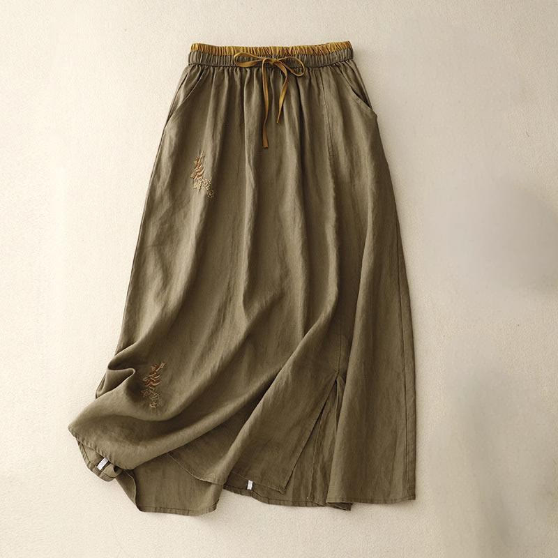 Falda vintage con bordado sólido y cordón para mujer con bolsillos y Buddha Stones - Aceituna - US8-10，UK/AU12-14，EU40-42 (2XL) - image 0