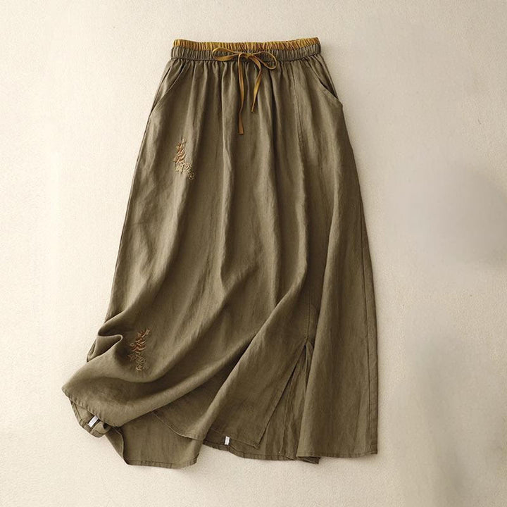 Falda vintage con bordado sólido y cordón para mujer con bolsillos y Buddha Stones - Aceituna - US8-10，UK/AU12-14，EU40-42 (2XL) - image 0