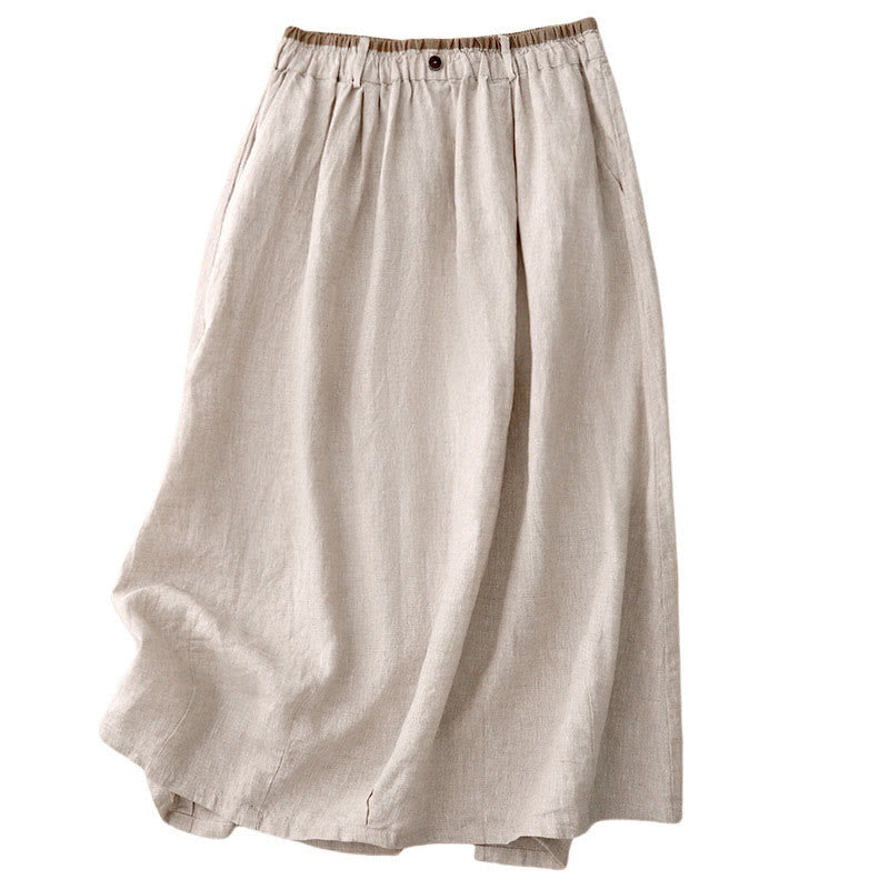 Buddha Stones Falda vintage informal lisa con abertura lateral, cintura elástica, de algodón y lino para mujer, con bolsillos - image 8