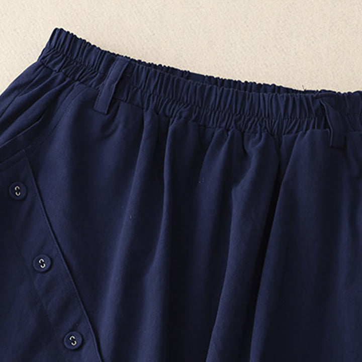 Buddha Stones Falda informal de algodón para mujer, lisa, asimétrica, con botones y bolsillos