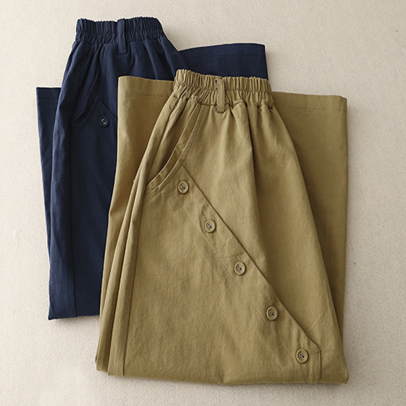 Buddha Stones Falda informal de algodón para mujer, lisa, asimétrica, con botones y bolsillos