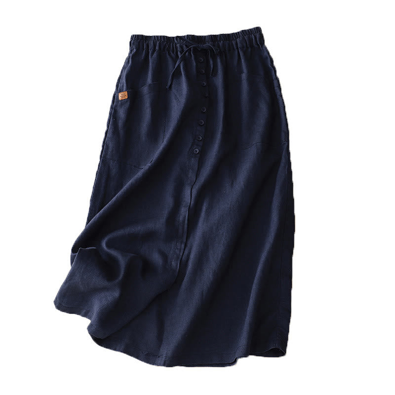 Falda de lino y algodón con bolsillos y diseño de abertura con botones y cordones de Buddha Stones Spring para mujer - image 6