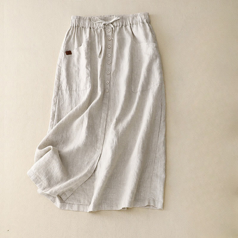 Falda de lino y algodón con bolsillos y diseño de abertura con botones y cordones de Buddha Stones Spring para mujer - Beige - US8-10，UK/AU12-14，EU40-42 (2XL) - image 0