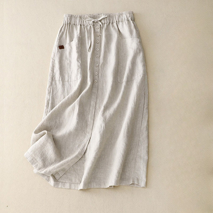 Falda de lino y algodón con bolsillos y diseño de abertura con botones y cordones de Buddha Stones Spring para mujer - Beige - US8-10，UK/AU12-14，EU40-42 (2XL) - image 0