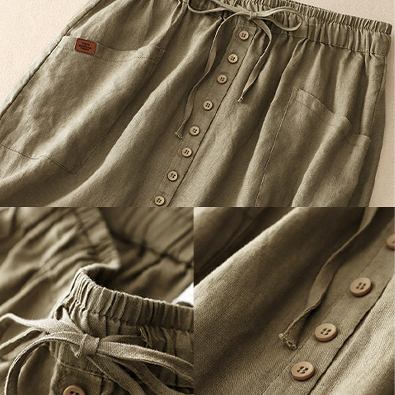 Falda de lino y algodón con bolsillos y diseño de abertura con botones y cordones de Buddha Stones Spring para mujer - image 3