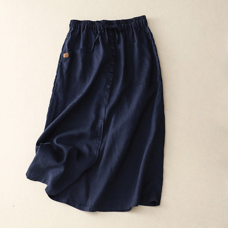 Falda de lino y algodón con bolsillos y diseño de abertura con botones y cordones de Buddha Stones Spring para mujer - Azul medianoche - US8-10，UK/AU12-14，EU40-42 (2XL) - image 4