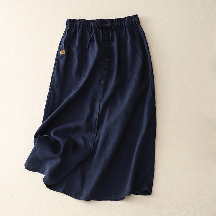 Falda de lino y algodón con bolsillos y diseño de abertura con botones y cordones de Buddha Stones Spring para mujer - Azul medianoche - US8-10，UK/AU12-14，EU40-42 (2XL) - image 4