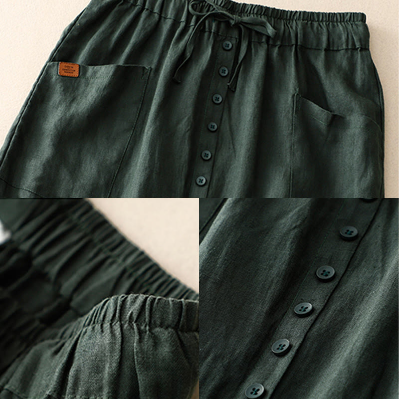 Falda de lino y algodón con bolsillos y diseño de abertura con botones y cordones de Buddha Stones Spring para mujer - image 8