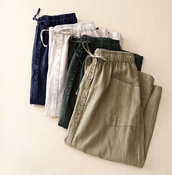 Falda de lino y algodón con bolsillos y diseño de abertura con botones y cordones de Buddha Stones Spring para mujer - image 9