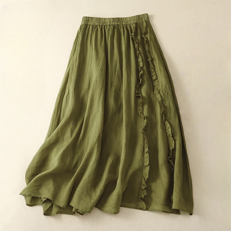 Falda de mujer con diseño liso y volantes, estampado de Buddha Stones para el verano. - Verde oliva - US8-10，UK/AU12-14，EU40-42 (2XL) - image 0