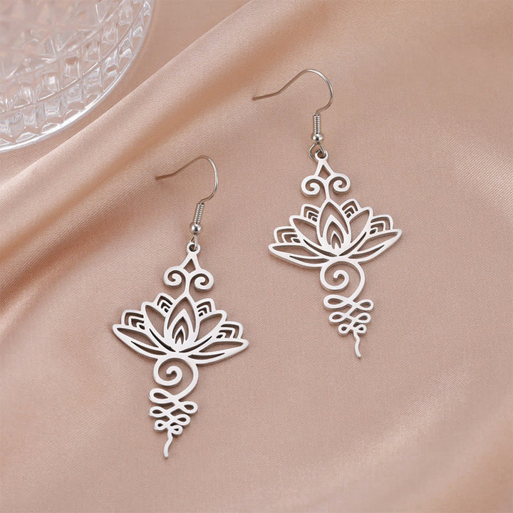 Pendientes colgantes de metal con diseño de flor de loto hueca de Buddha Stones y piedras de acero inoxidable con iluminación