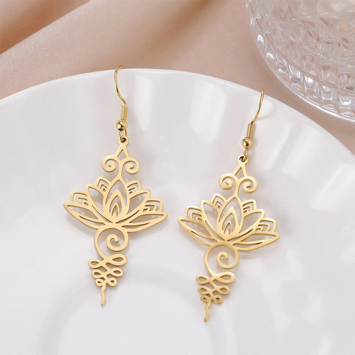 Pendientes colgantes de metal con diseño de flor de loto hueca de Buddha Stones y piedras de acero inoxidable con iluminación