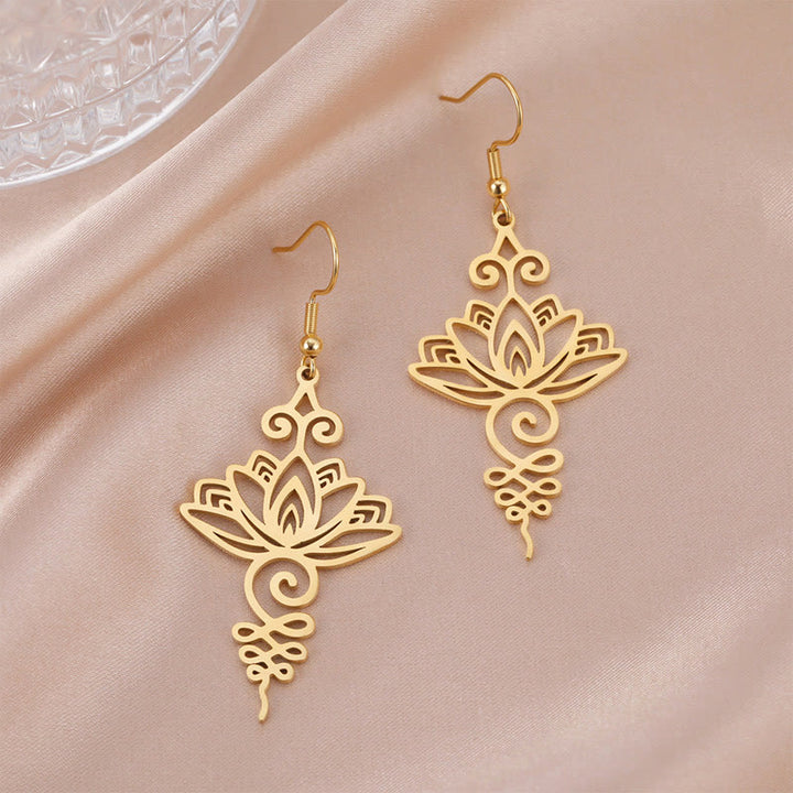 Pendientes colgantes de metal con diseño de flor de loto hueca de Buddha Stones y piedras de acero inoxidable con iluminación