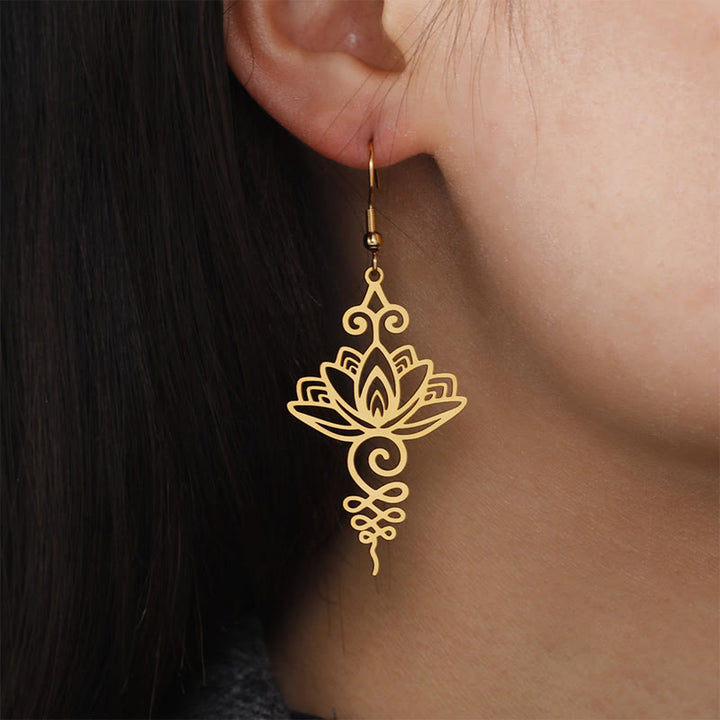 Pendientes colgantes de metal con diseño de flor de loto hueca de Buddha Stones y piedras de acero inoxidable con iluminación