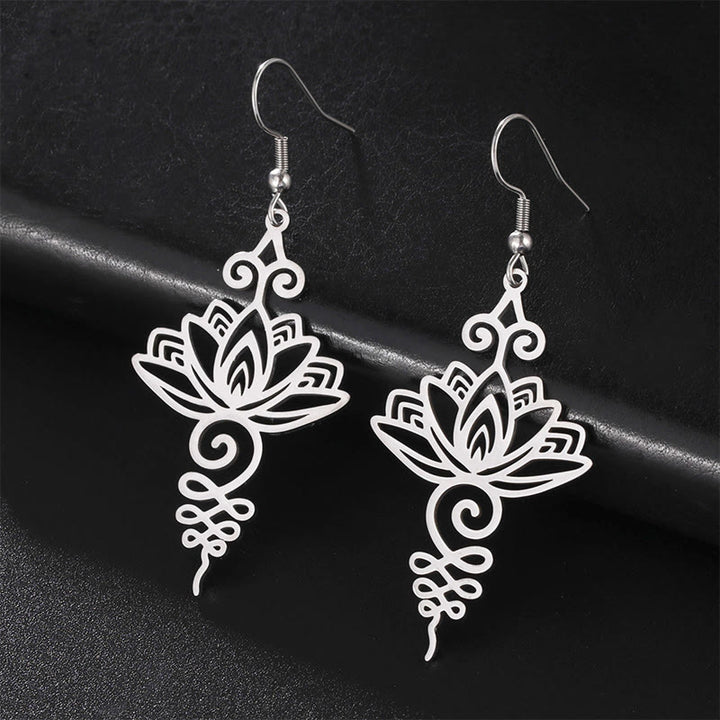 Pendientes colgantes de metal con diseño de flor de loto hueca de Buddha Stones y piedras de acero inoxidable con iluminación