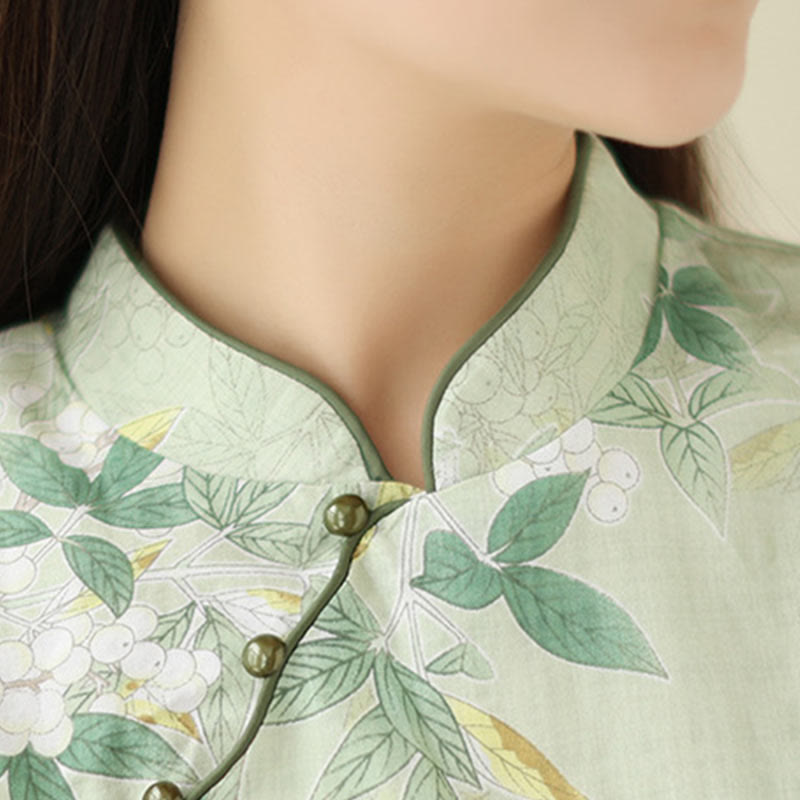 Vestido cheongsam chino de lino y algodón jacquard con estampado floral de Buddha Stones y media manga, con bolsillos - image 6