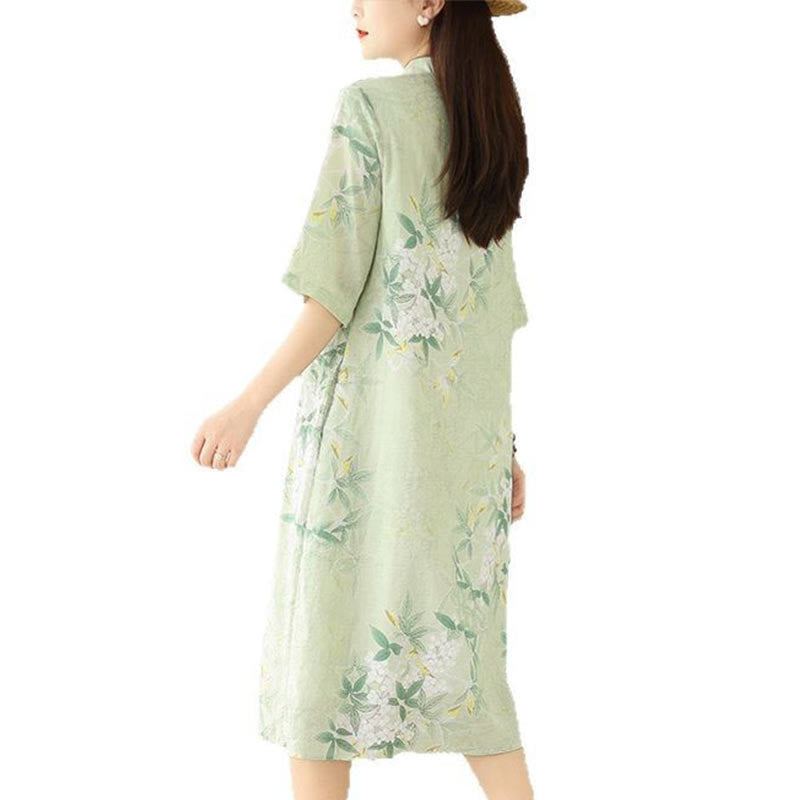Vestido cheongsam chino de lino y algodón jacquard con estampado floral de Buddha Stones y media manga, con bolsillos - image 10
