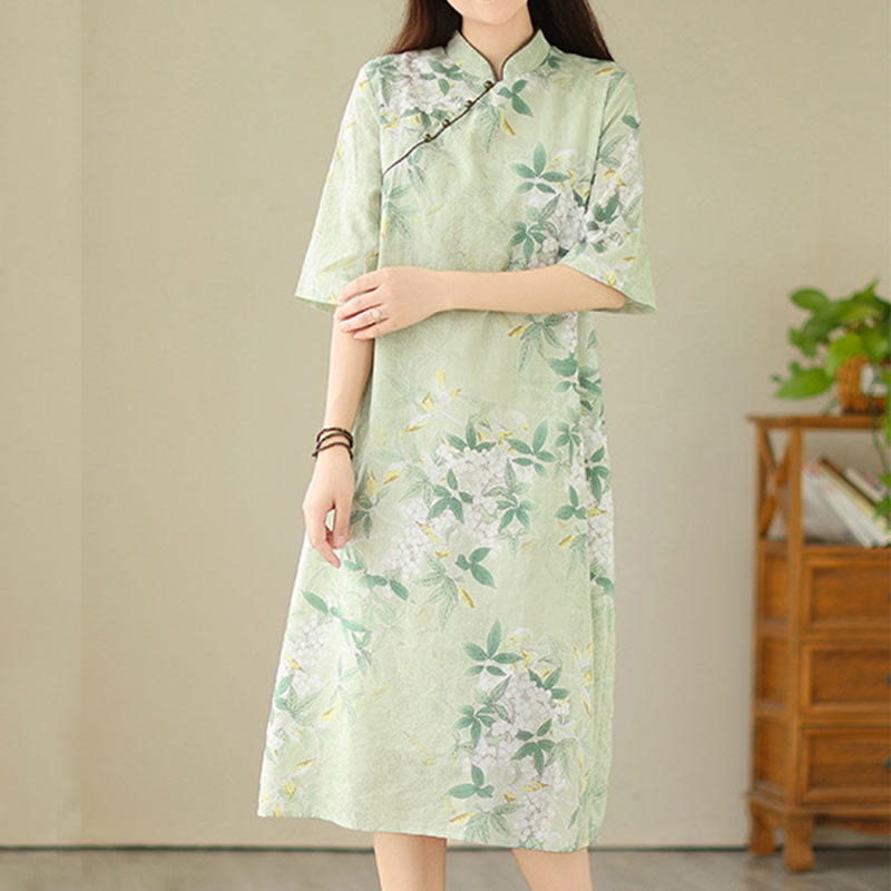 Vestido cheongsam chino de lino y algodón jacquard con estampado floral de Buddha Stones y media manga, con bolsillos - image 4