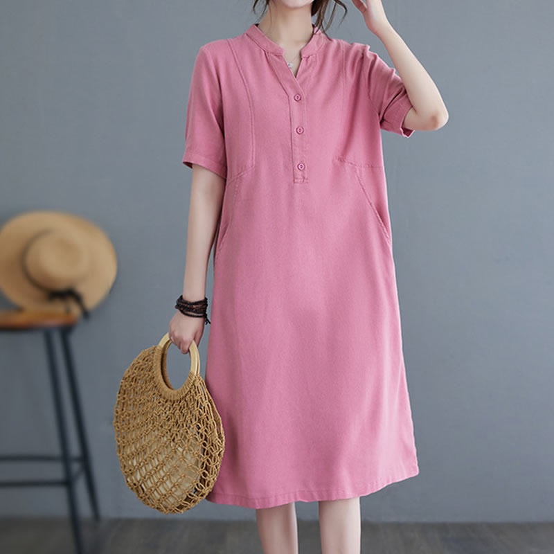 Vestido midi informal de lino y algodón con mangas cortas y bolsillos, con diseño de botones, de color puro y estilo diario, de Buddha Stones - image 1