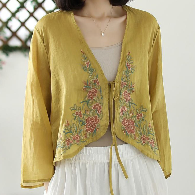 Chaqueta cárdigan informal de manga larga con pétalos bordados y Buddha Stones