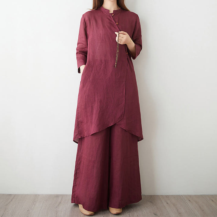 Conjunto de 2 piezas de camisa y pantalón de manga tres cuartos con Buddha Stones para meditación, zen, tai chi, algodón y lino para mujer
