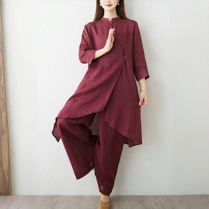 Conjunto de 2 piezas de camisa y pantalón de manga tres cuartos con Buddha Stones para meditación, zen, tai chi, algodón y lino para mujer