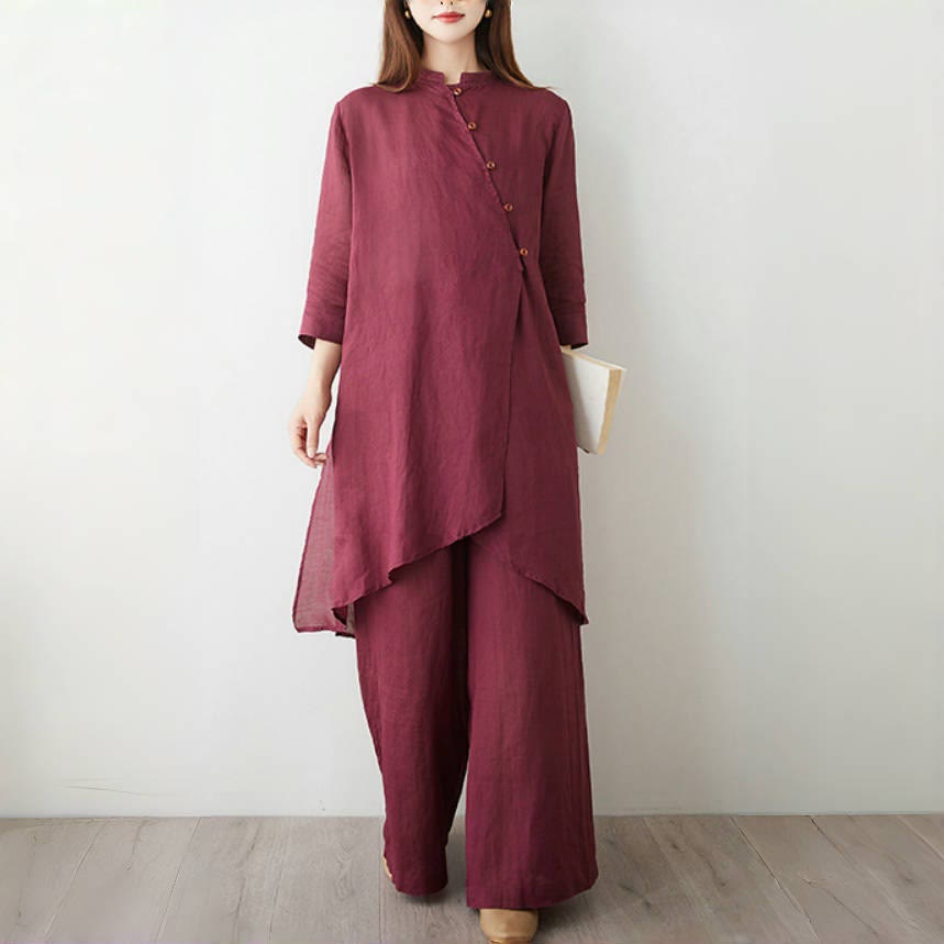 Conjunto de 2 piezas de camisa y pantalón de manga tres cuartos con Buddha Stones para meditación, zen, tai chi, algodón y lino para mujer