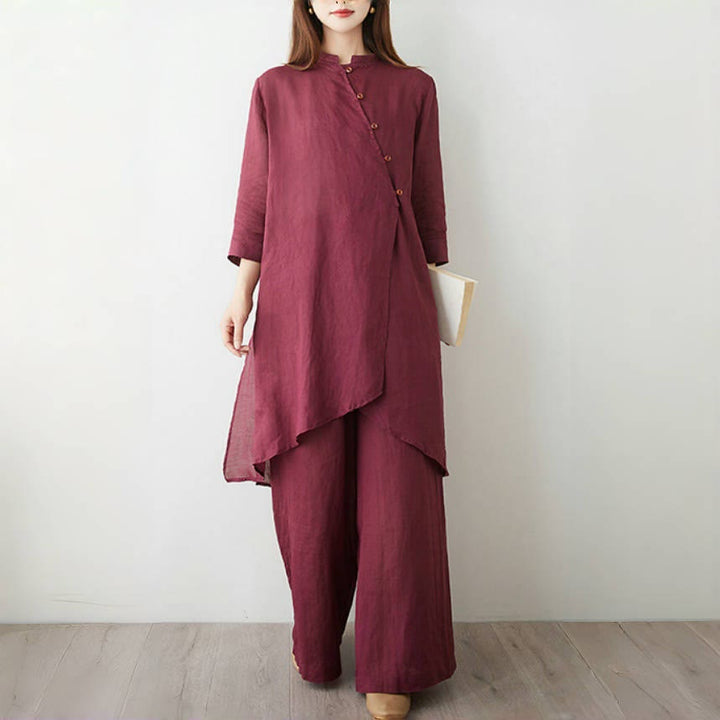 Conjunto de 2 piezas de camisa y pantalón de manga tres cuartos con Buddha Stones para meditación, zen, tai chi, algodón y lino para mujer