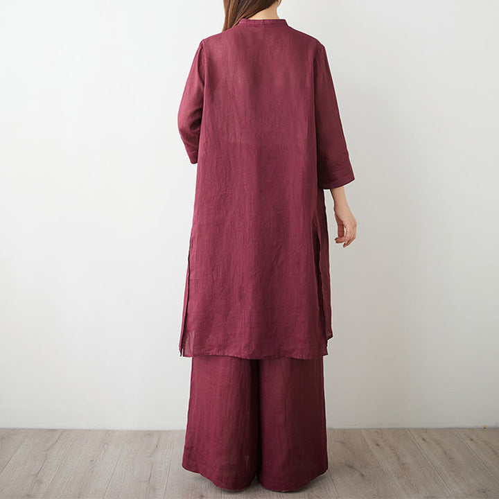 Conjunto de 2 piezas de camisa y pantalón de manga tres cuartos con Buddha Stones para meditación, zen, tai chi, algodón y lino para mujer