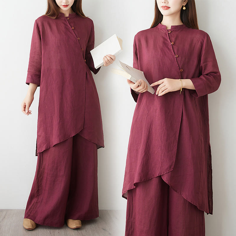 Conjunto de 2 piezas de camisa y pantalón de manga tres cuartos con Buddha Stones para meditación, zen, tai chi, algodón y lino para mujer