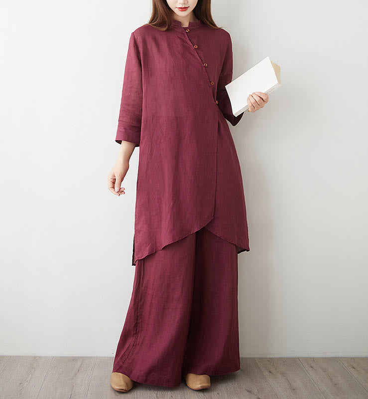 Conjunto de 2 piezas de camisa y pantalón de manga tres cuartos con Buddha Stones para meditación, zen, tai chi, algodón y lino para mujer