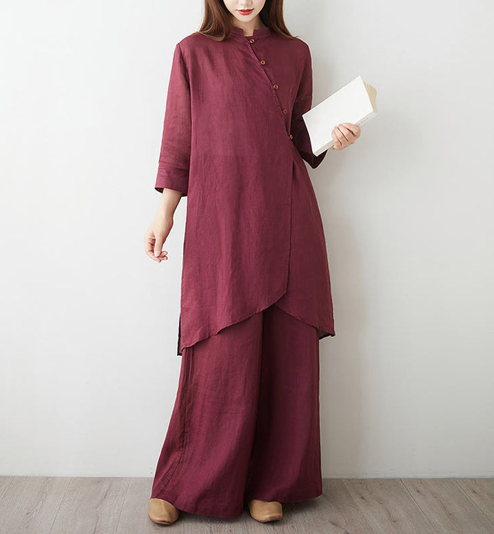 Conjunto de 2 piezas de camisa y pantalón de manga tres cuartos con Buddha Stones para meditación, zen, tai chi, algodón y lino para mujer