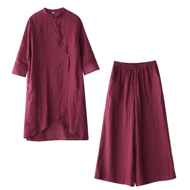 Conjunto de 2 piezas de camisa y pantalón de manga tres cuartos con Buddha Stones para meditación, zen, tai chi, algodón y lino para mujer